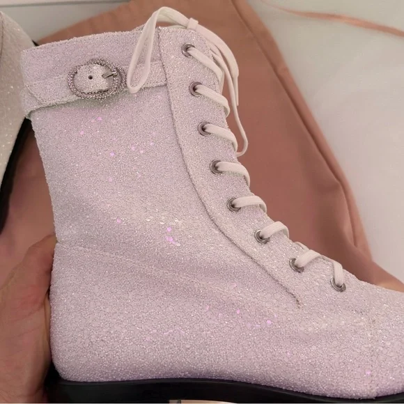 Stuart Weitzman New Crystal Buckle White glitter sparkle Lace-Up combat Boots 9